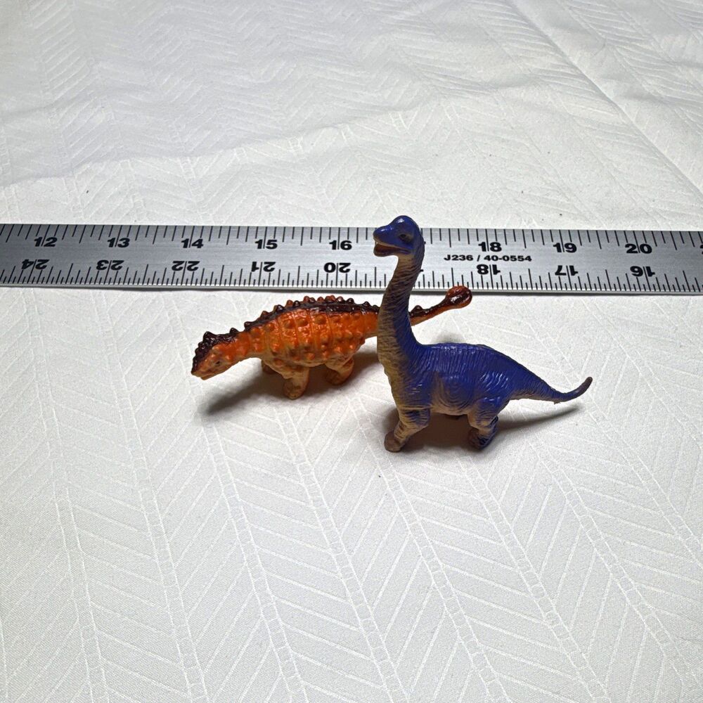 Lot of 2 Small Dinosaur Toy Figures Blue Long Neck & Orange Armored Dino